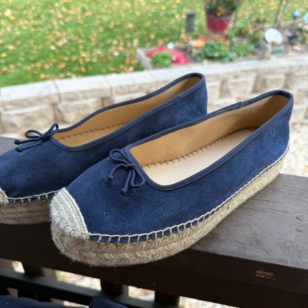 TALBOTS Quinn Women 10 Navy Blue Preppy Suede Platform Espadrilles Sandals Shoes
